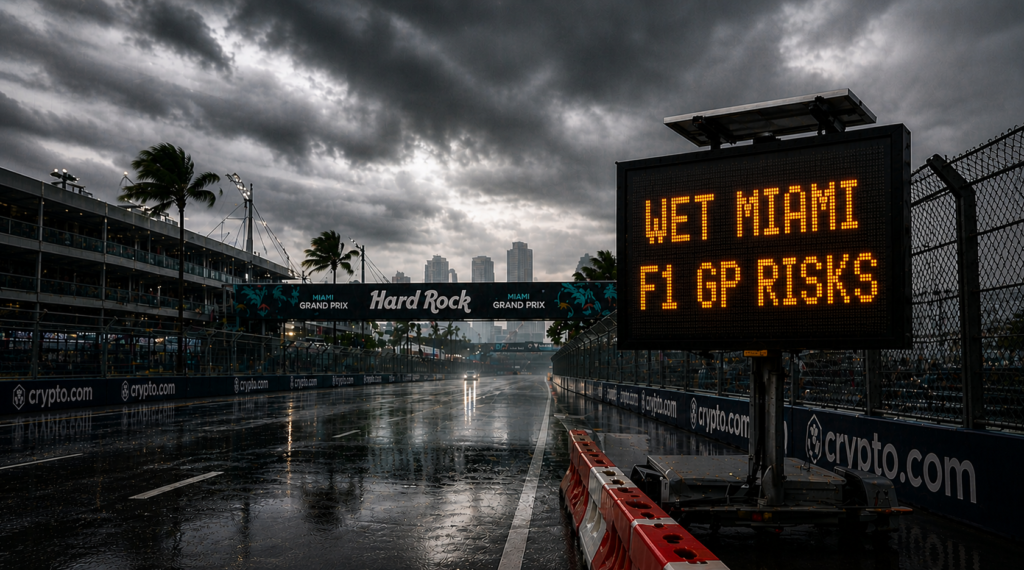 Wet Miami Formula 1 Grand Prix circuit under heavy rain, with a stormy sky, flooded track, and an illuminated trackside LED board displaying “WET MIAMI F1 GP RISKS,” highlighting safety concerns at the Miami GP.

