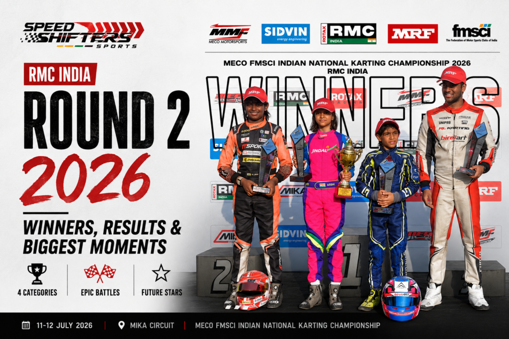 Podium winners celebrating after the RMC India Round 2 of the 2026 MECO FMSCI Indian National Karting Championship at the MIKA Circuit, featuring the top drivers from the Micro Max, Mini Max, Junior Max and Senior Max categories.