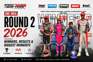 Podium winners celebrating after the RMC India Round 2 of the 2026 MECO FMSCI Indian National Karting Championship at the MIKA Circuit, featuring the top drivers from the Micro Max, Mini Max, Junior Max and Senior Max categories.