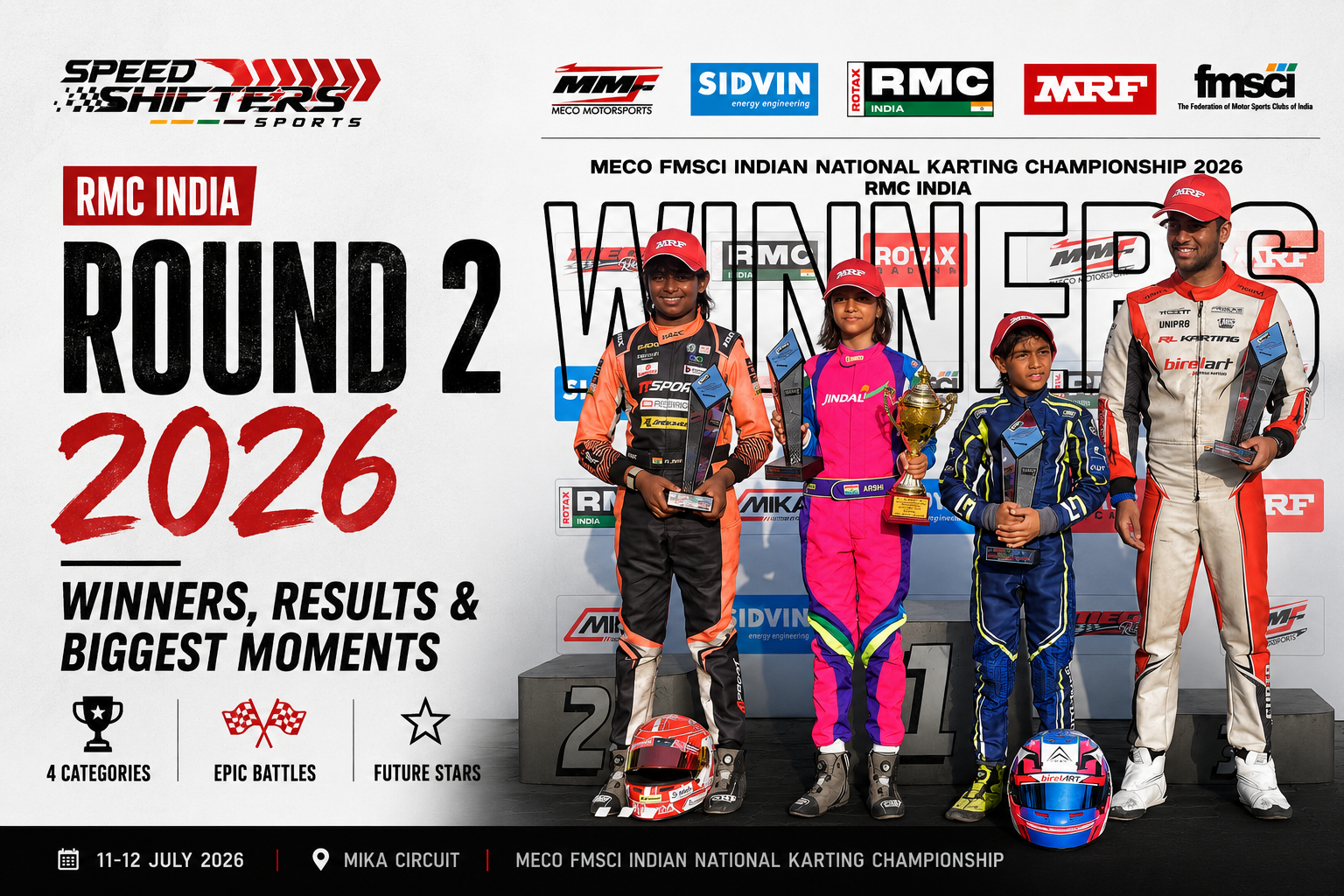 Podium winners celebrating after the RMC India Round 2 of the 2026 MECO FMSCI Indian National Karting Championship at the MIKA Circuit, featuring the top drivers from the Micro Max, Mini Max, Junior Max and Senior Max categories.